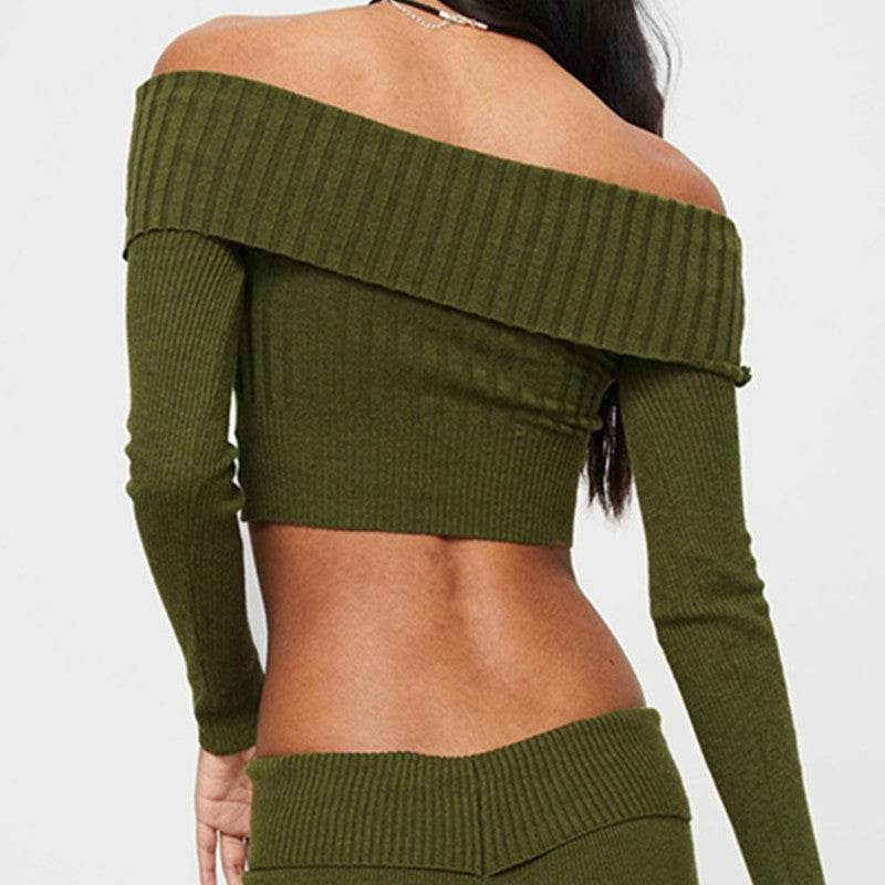Boat Neck Long Sleeve Knitted Sweater Off-shoulder Crop Short Top SFor Womens Clothing - Velora
