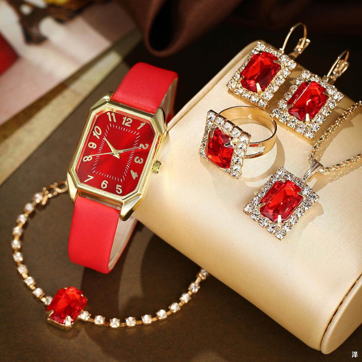 Leather Women's Watch Square Quartz Watch Korean Necklace Earrings Ring Set - Velora