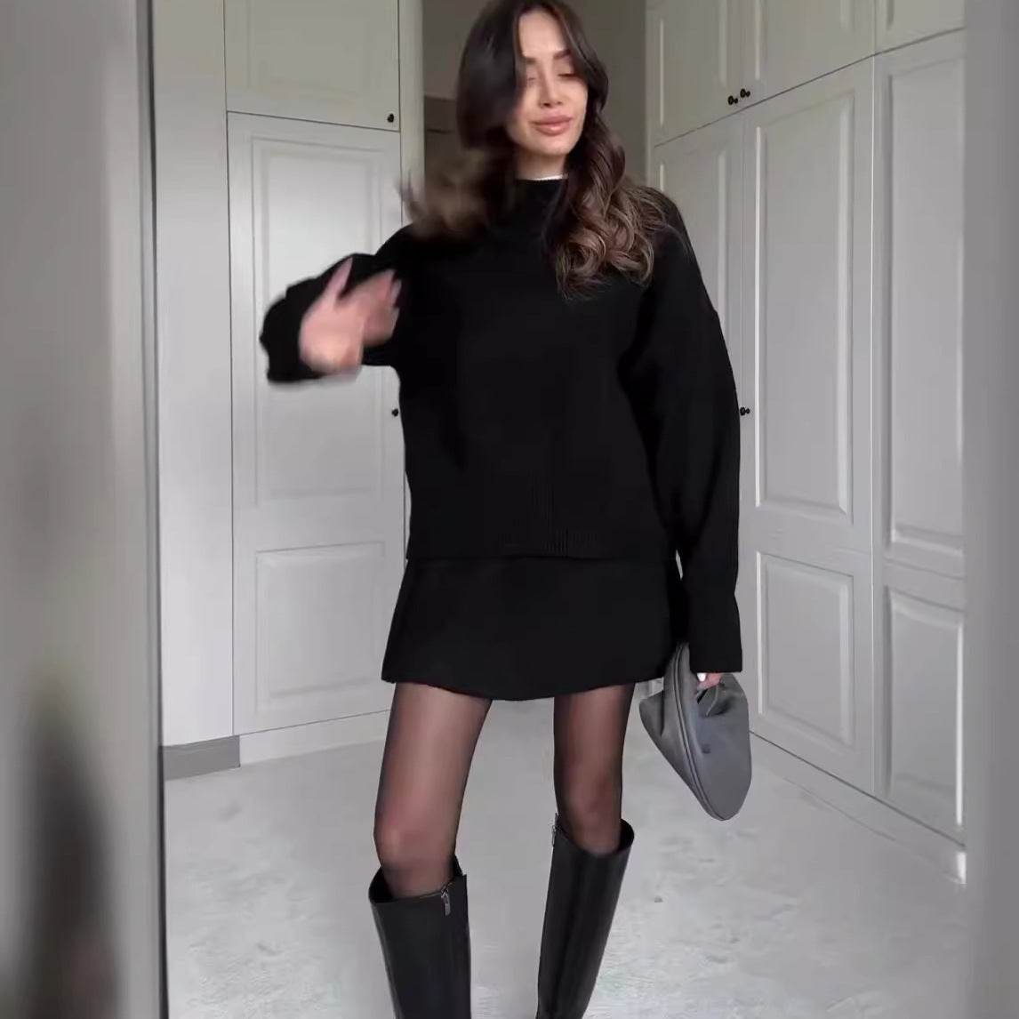 Sweater Skirt Sets For Women 2 Pieces Knit Casual Versatile Long Sleeve Pullover Elegant Solid High Waist Mini Skirt Outfit - Velora