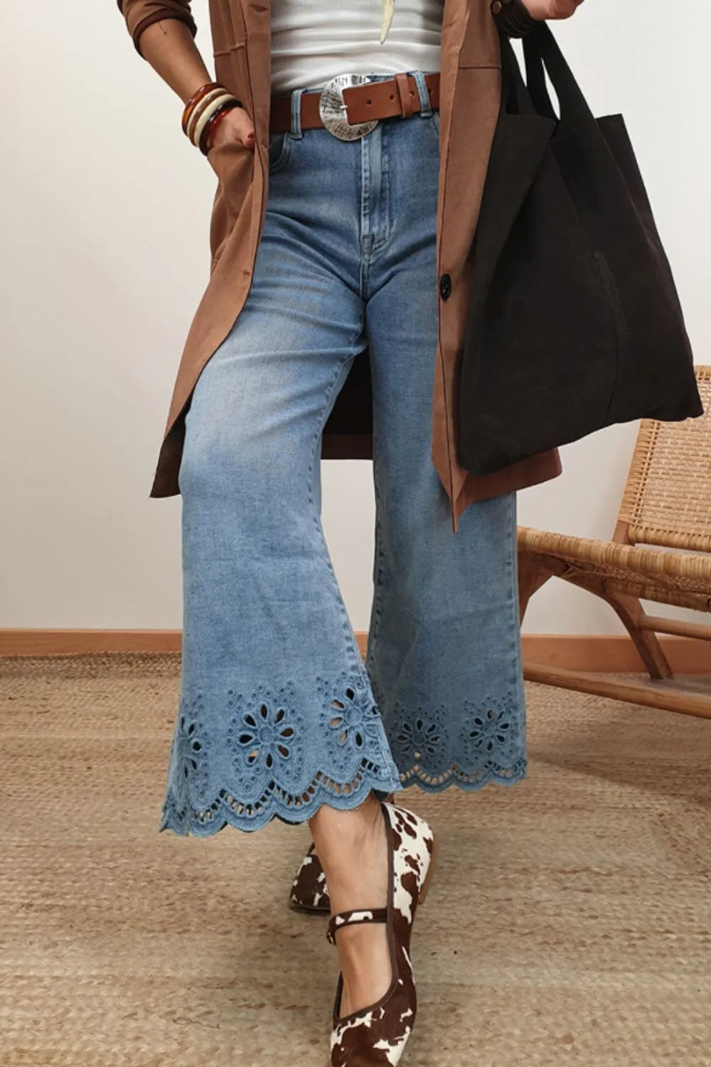 Lace Detail Cropped Wide Leg Jeans - Velora