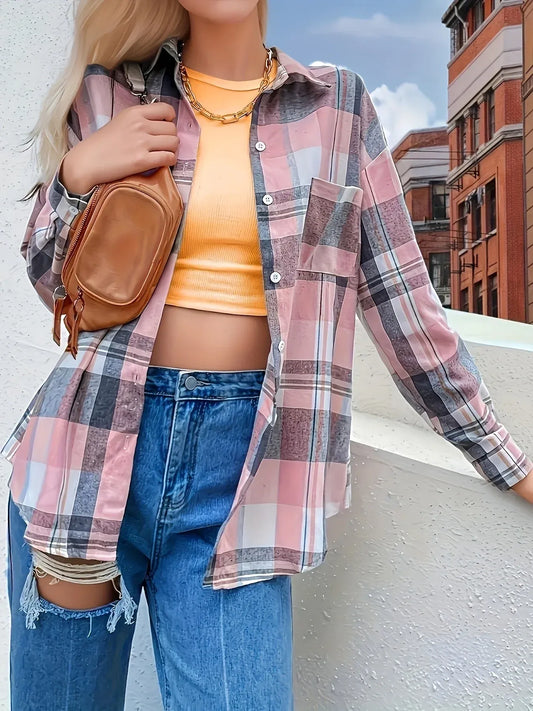 Plaid Button Up Long Sleeve Shirt - Velora