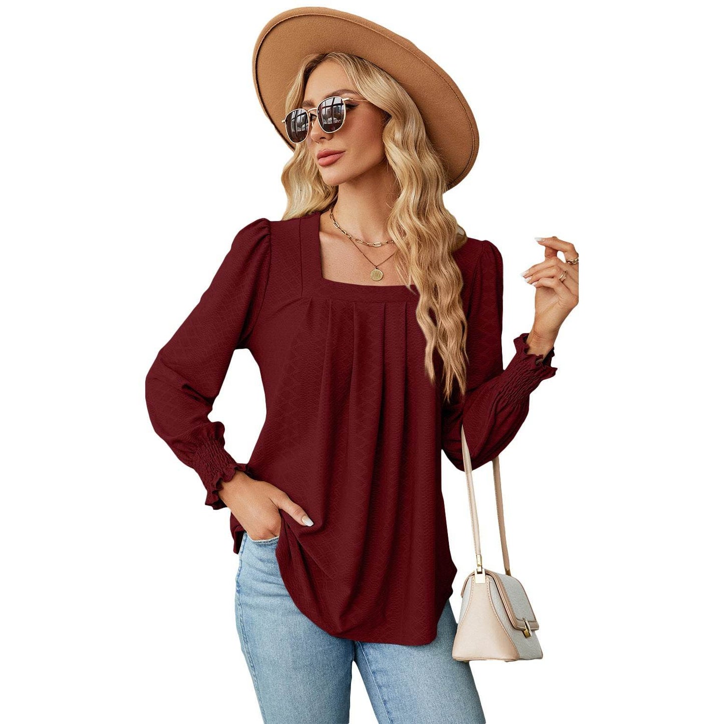 New Jacquard Pleated Square Neck T-shirt Fashion Solid Color Long Sleeve Pullover Tops Womens Clothing - Velora