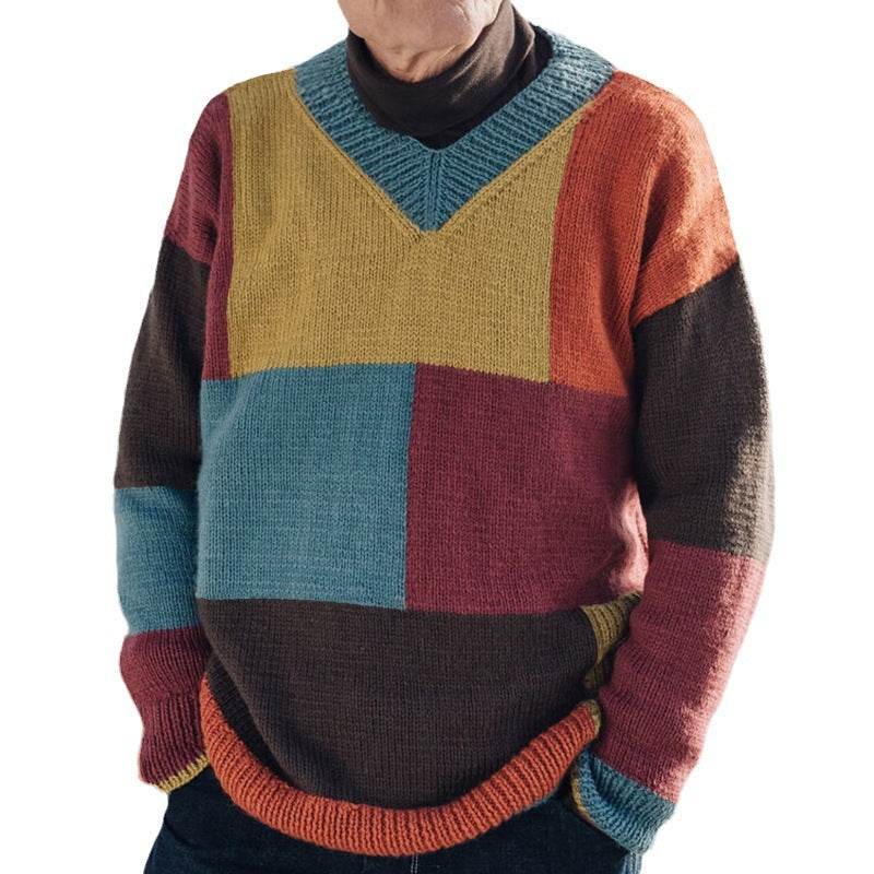 Fashion Youth Men's Knitwear V-neck Color-block Long Sleeve Pullover - Velora