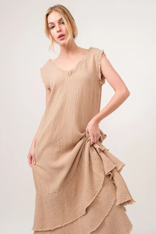 And The Why Washed Cotton Gauze Fringe Detail Tiered Dress - Velora