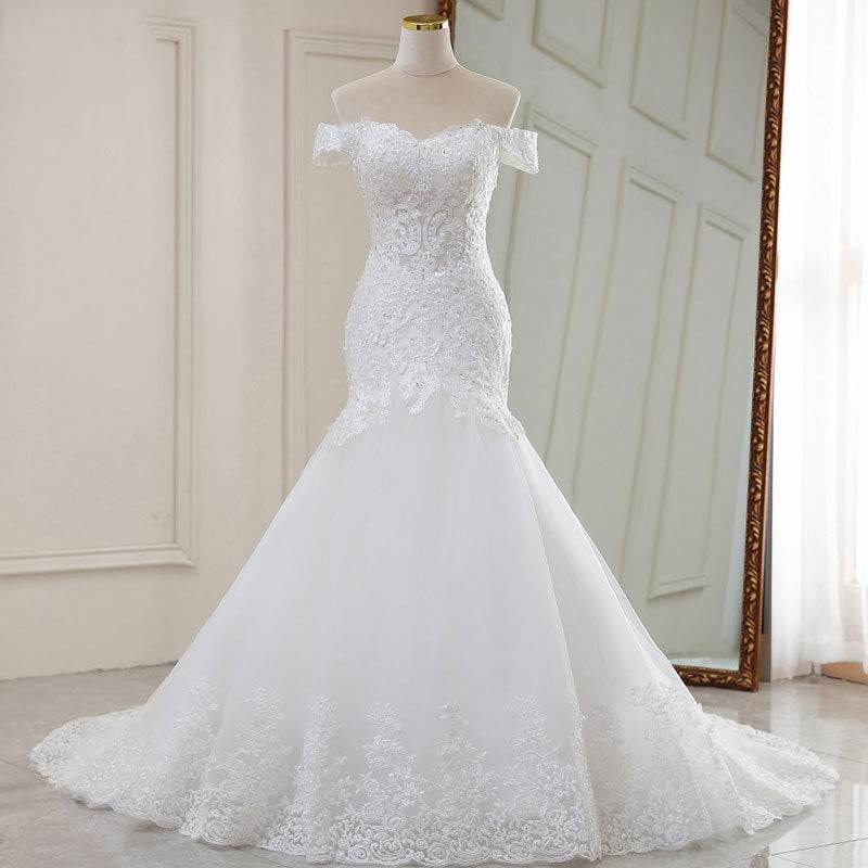 High Waist White Temperament Dream Lace Mid-waist Long Tail V-neck Wedding Dress - Velora