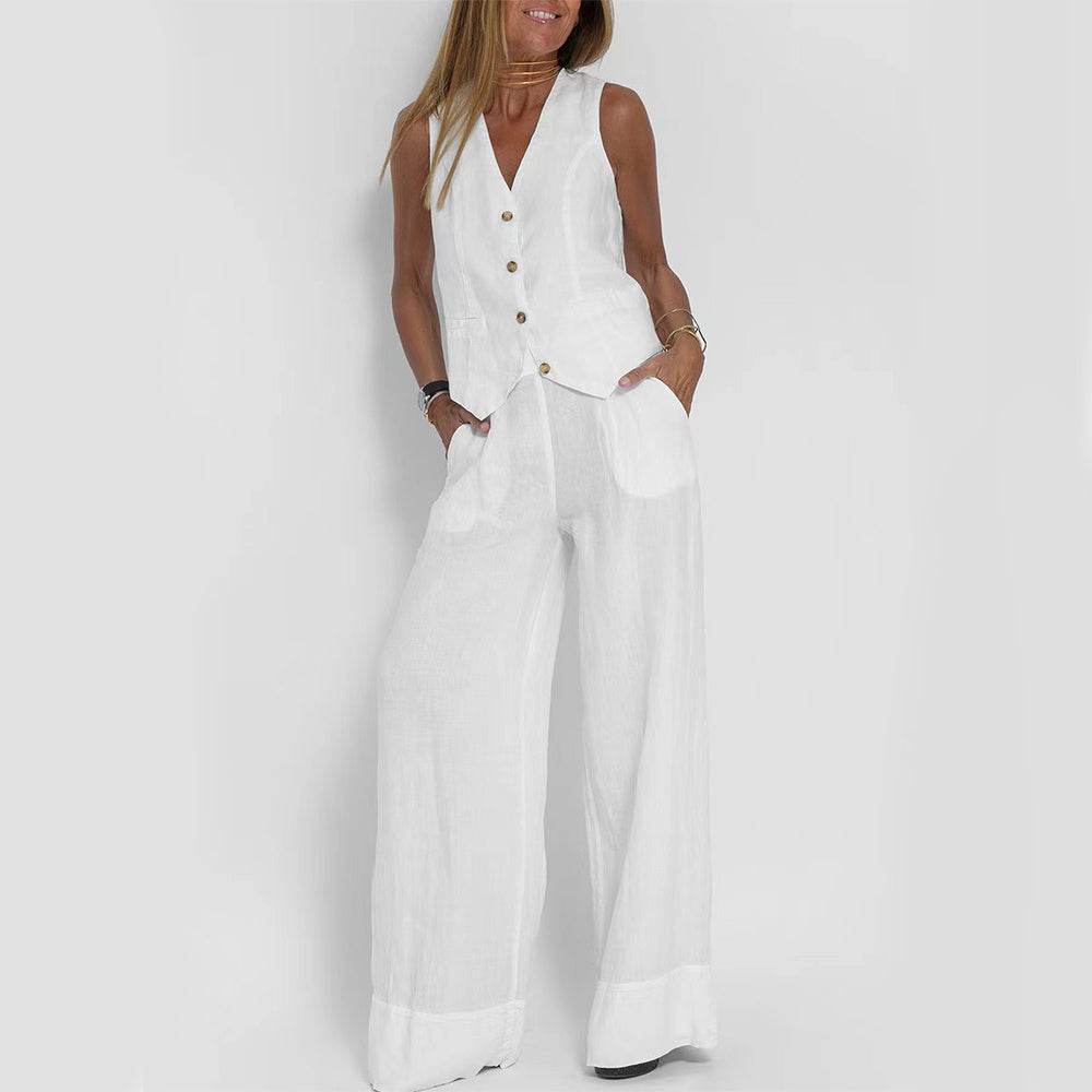 Summer Vest Suits V-neck Botton Sleeveless Top And Loose Straight Trousers Casual Womens Clothing - Velora