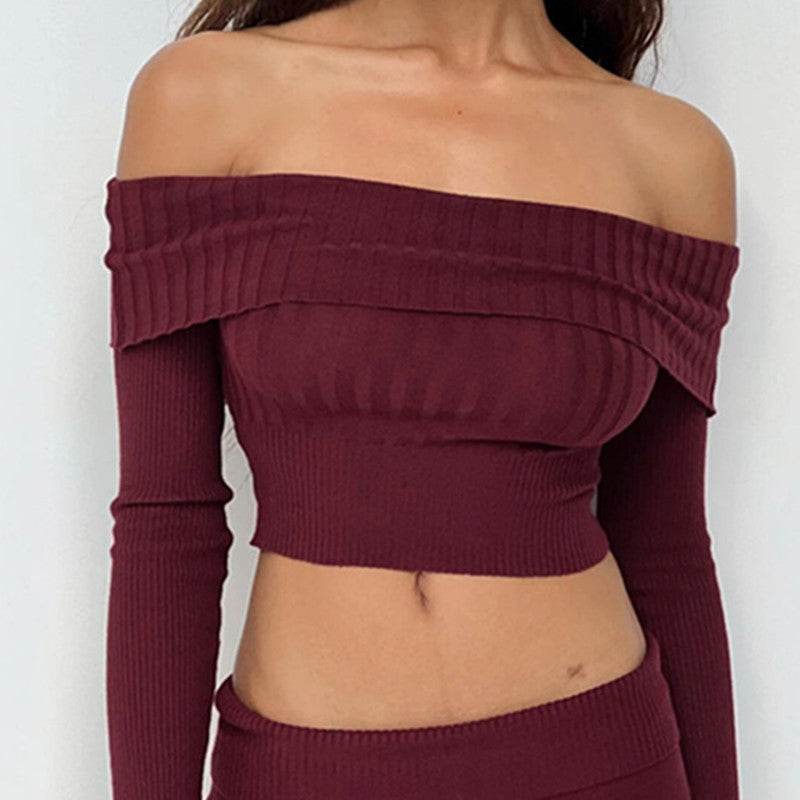 Boat Neck Long Sleeve Knitted Sweater Off-shoulder Crop Short Top SFor Womens Clothing - Velora