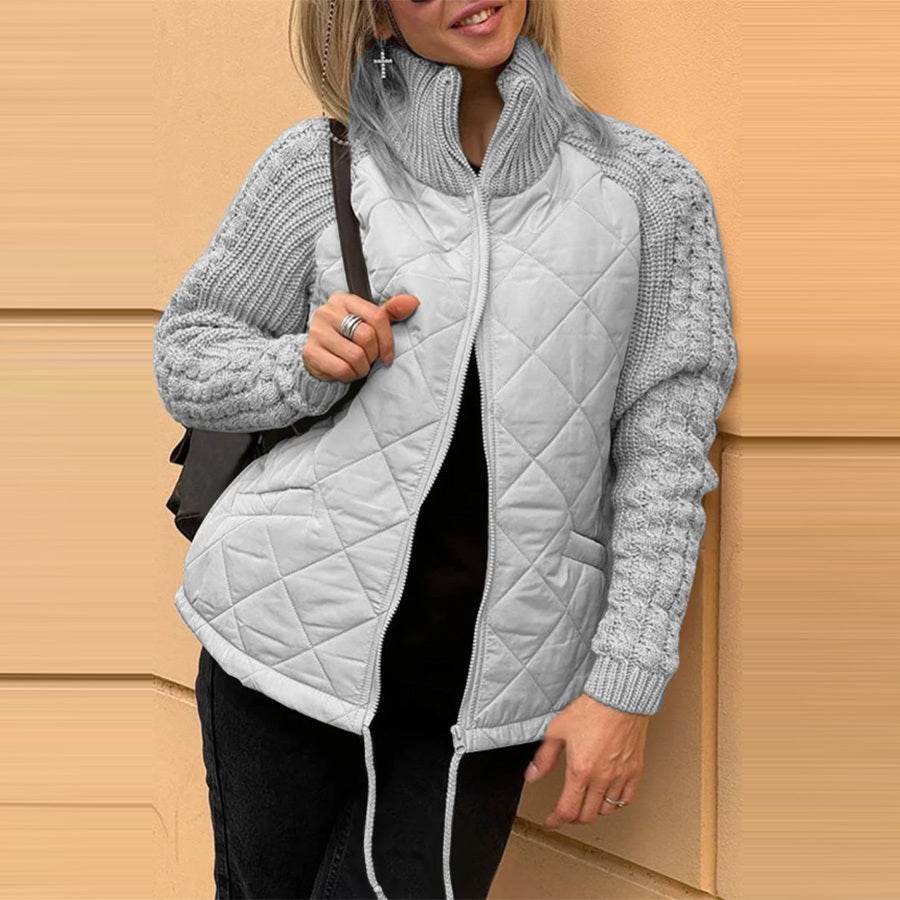 Stand Collar Cotton Jacket With Pockets Fashion Knitted Stitching Zipper Coat Winter Warm Tops For Women - Velora