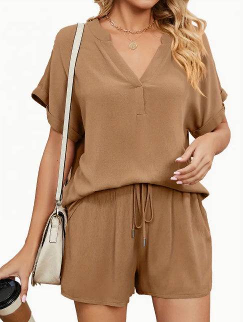 Women's Solid Color Loose Fit Casual 2-Piece Set Conjunto Short Summer Sets - Velora