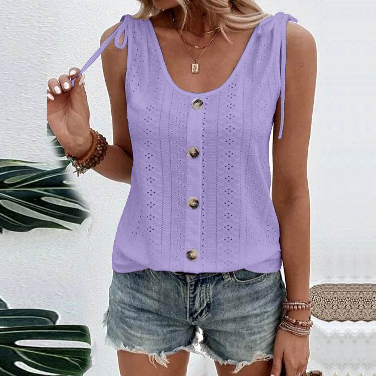 Casual summer U-neck Vest Women Shoulder With Bow Tie Summer blouse top - Velora