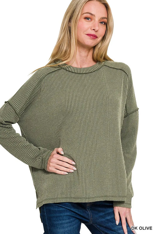 Zenana Full Size Exposed Seam Long Sleeve Corded Rib Knit Top Plus Size - Velora