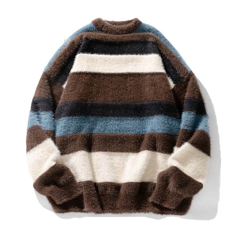 Artificial Mink Fur Contrast Color Striped Round Neck Sweater Japanese-style Retro - Velora