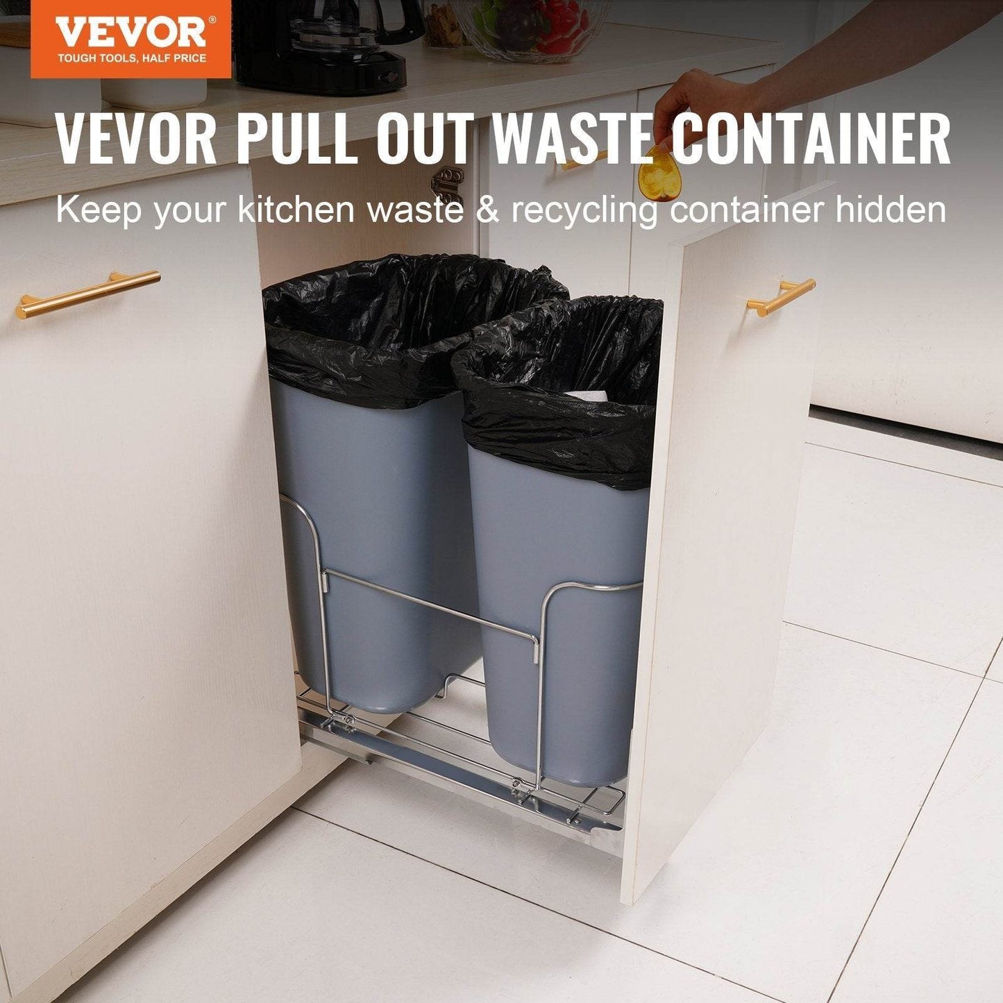 Pull-Out Trash Can, 35Lx2 Double Bins, Under Mount Kitchen Waste Container With Slide And Door Mounting Kit, 110 Lbs Load Capacity Heavy Duty Garbage Recycling Bin For Kitchen Cabinet, Sink - Velora