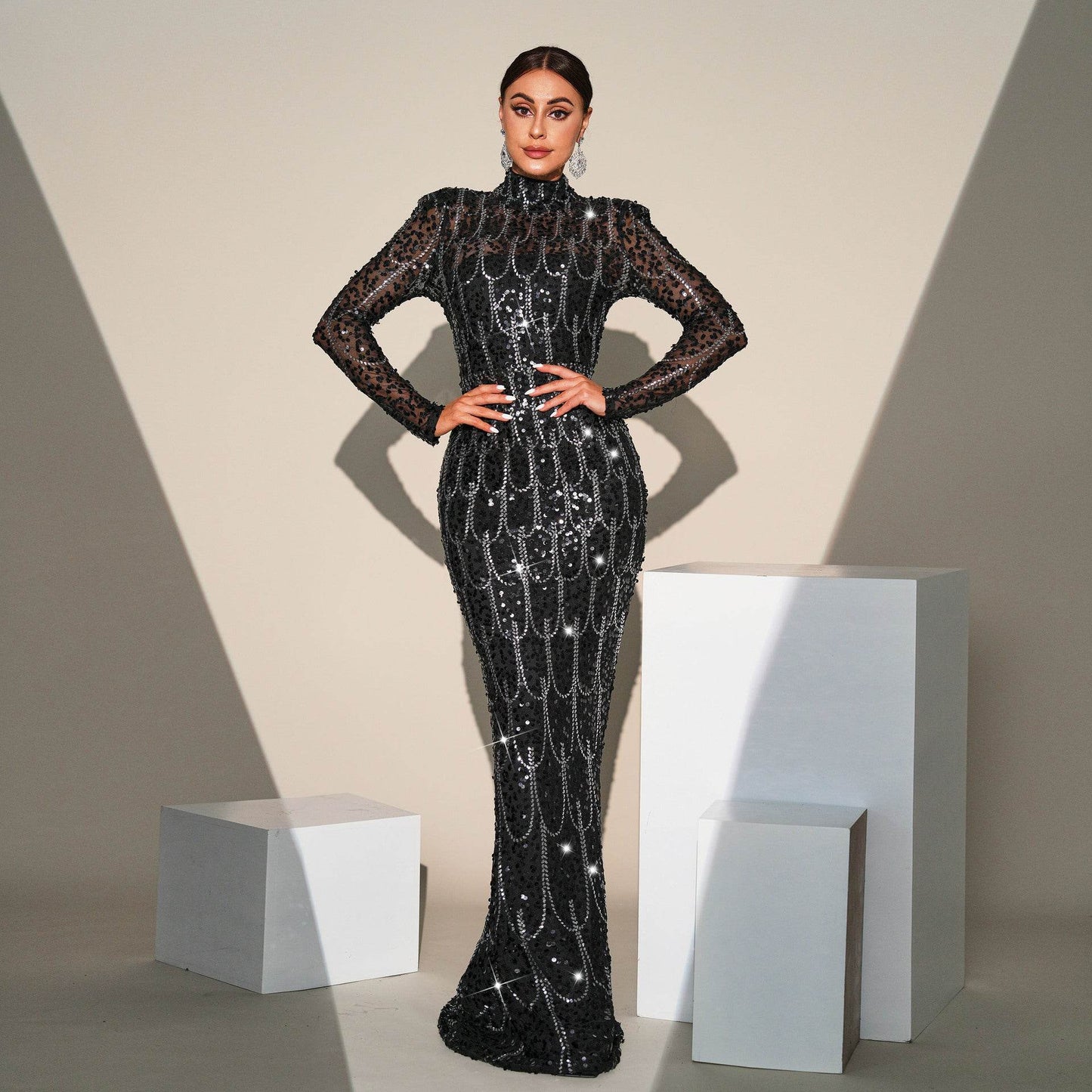 Long Sleeve Round Neck Slim-fit Sequined Banquet Evening Dress - Velora