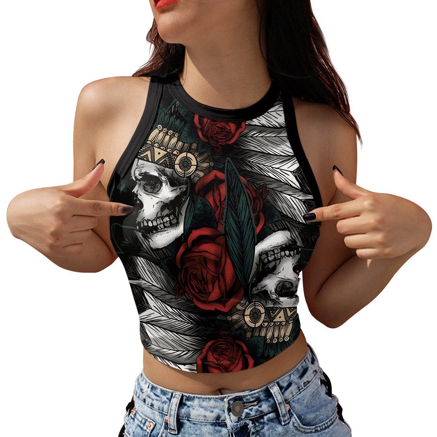 Halloween Printed Skeleton Skull Vest crop Top For Women - Velora