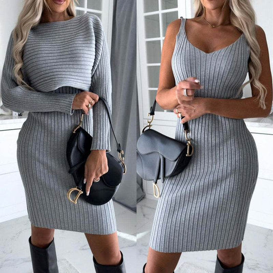 2pcs Suit Women's Solid Stripe Long-sleeved Top And Tight Suspender Skirt Fashion Autumn Winter Slim Clothing - Velora