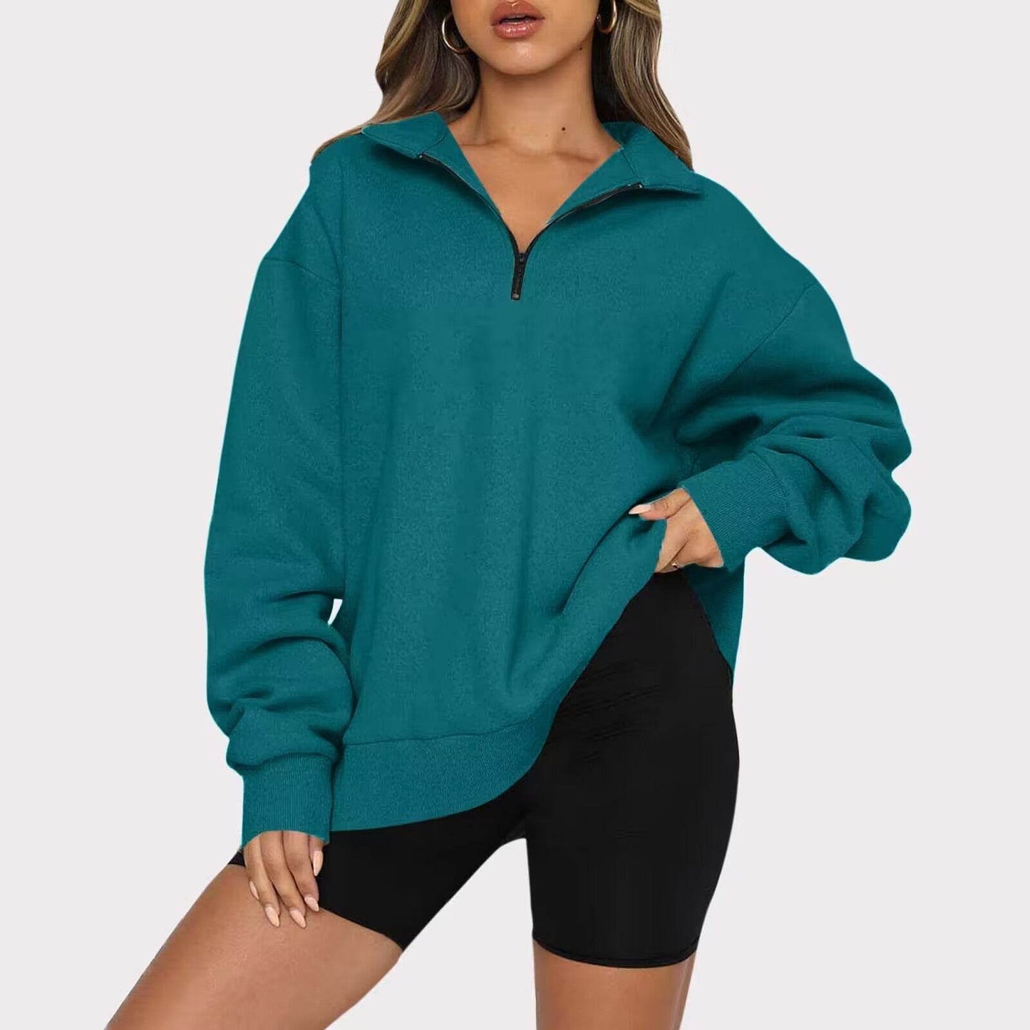 Women Sweatshirts Zip Turndown Collar Loose Casual Tops Clothes - Velora