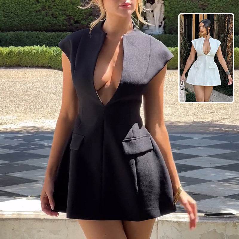 Sexy Deep V-neck A-line Dress Summer Fashion French Style Slimming Short Dresses Cardigan Temperament Dress Skirt Hot Girl - Velora
