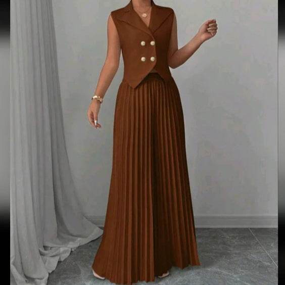 Summer Sleeveless Suit Fashion Lapel Button Vest Top And Pleated Straight Pants Women's Trousers Set Clothing - Velora