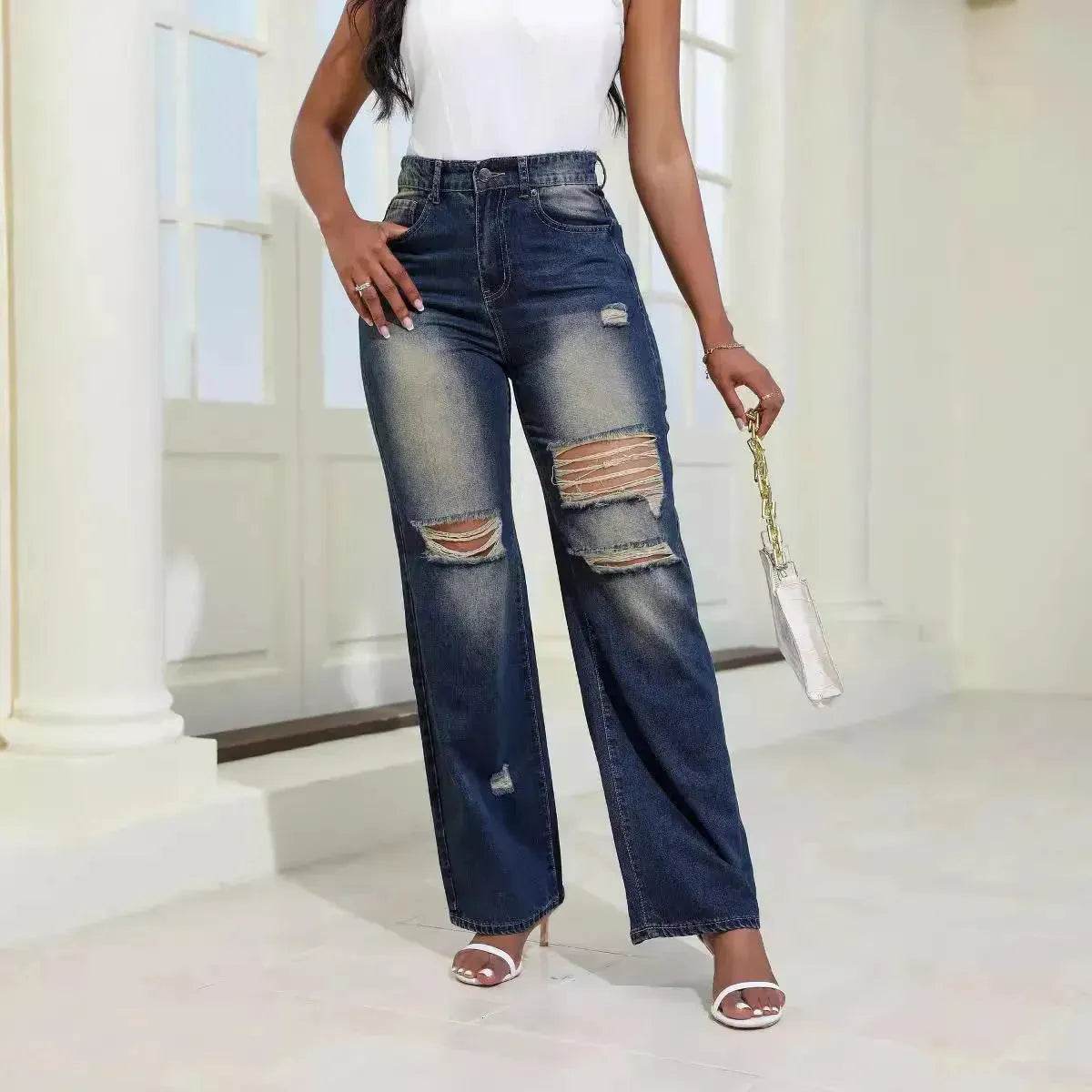 Fashion High Waist Ripped Jeans pants With Pockets Comfortable Slim Fit Denim Trousers Straight Wide-leg jeans Pants - Velora