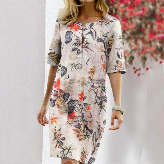 Vintage Dress Women Summer Floral Leaf Print Slit Round Neck Half Sleeve Dresses - Velora