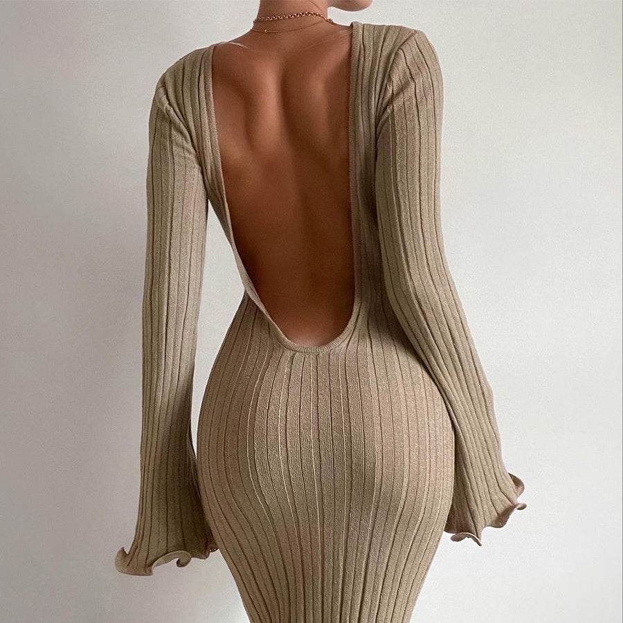 Fashion Slim Long-sleeved Ruffled Long Dress Sexy Hip-wrapped Back-less Knitted Maxi Dresses For Party Beach Womens Clothing - Velora