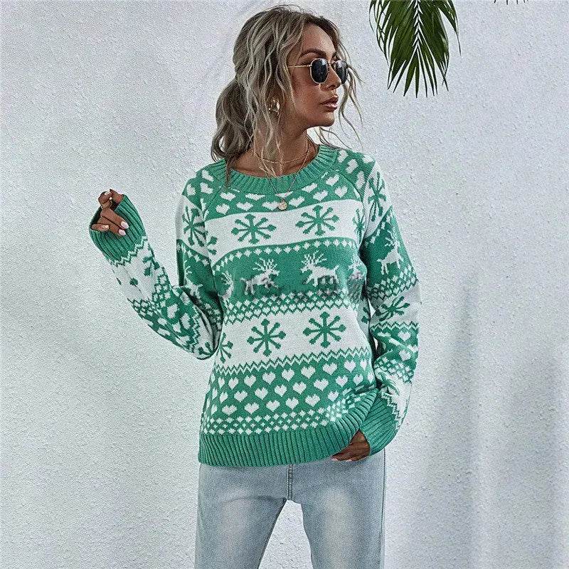 Elk Autumn And Winter New Knitted Round Neck Women's Christmas Snowflake Pullover Women's Sweater - Velora