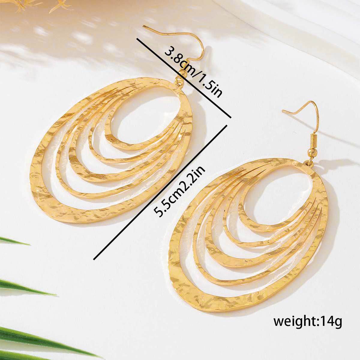 European And American Fashion Elegant 3 Layer Hollow Oval Shaped Big Gold-color Stainless Steel Dangle Drop Earrings - Velora
