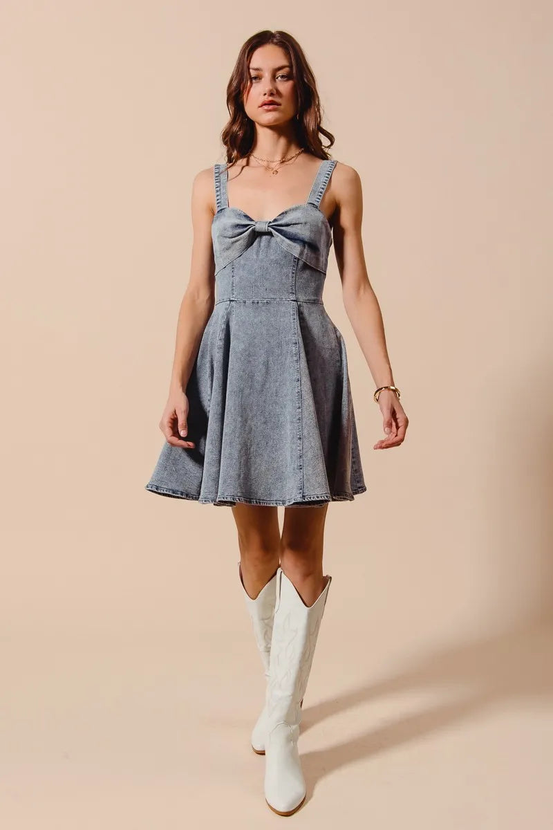 SO ME Mineral Washed Bow Ribbon Denim Flare Dress - Velora