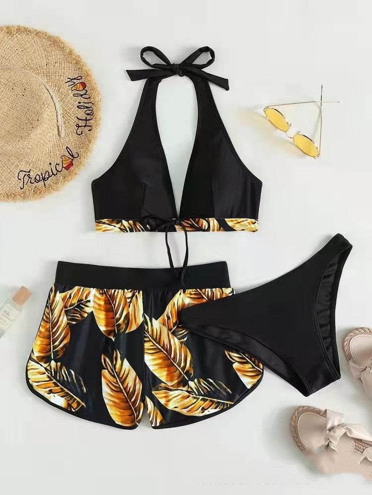 3pcs Leaf Print Bikini With Shorts Fashion Summer Beach Swimsuit Womens Clothing - Velora