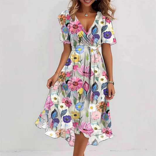 Flowers Printed V-neck Dress Summer A-line Short-sleeved Dresses For Women - Velora