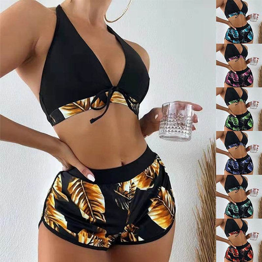 3pcs Leaf Print Bikini With Shorts Fashion Summer Beach Swimsuit Womens Clothing - Velora