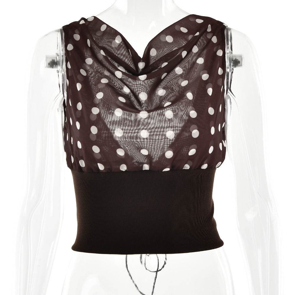 Polka Dots Print Oblique Shoulder Tops Summer Patchwork Chiffon Crop Top Women Sexy Sleeveless Lace Up Backless Blouse Casual Streetwear Tee - Velora
