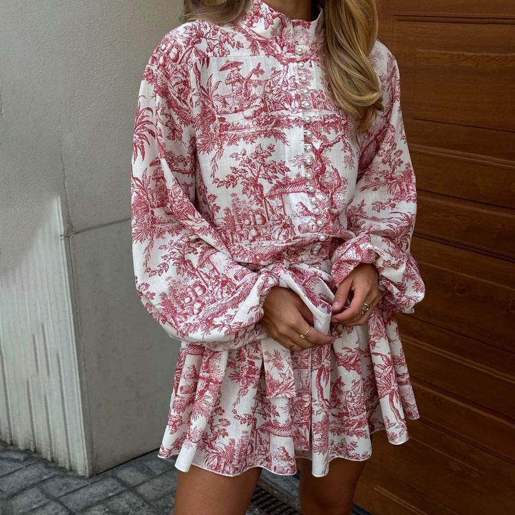Ink Print Long Sleeve Short Dress With Fashion Puffy Sleeve Lapel Tie A-Line Dress Clothing - Velora