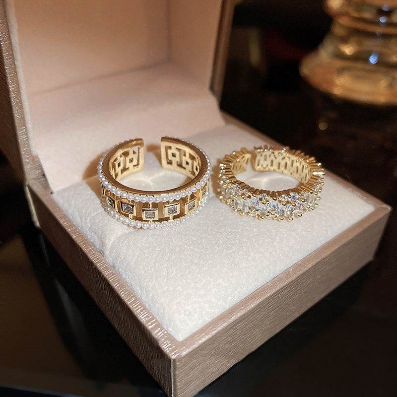 Pearl Hollowed-out Square Open-end Zircon Ring European And American Fashion Ring Female Jewelry - Velora