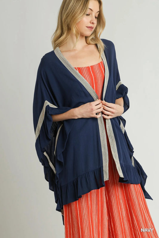 Umgee Ruffle Trim Kimono with Crochet Accent - Velora