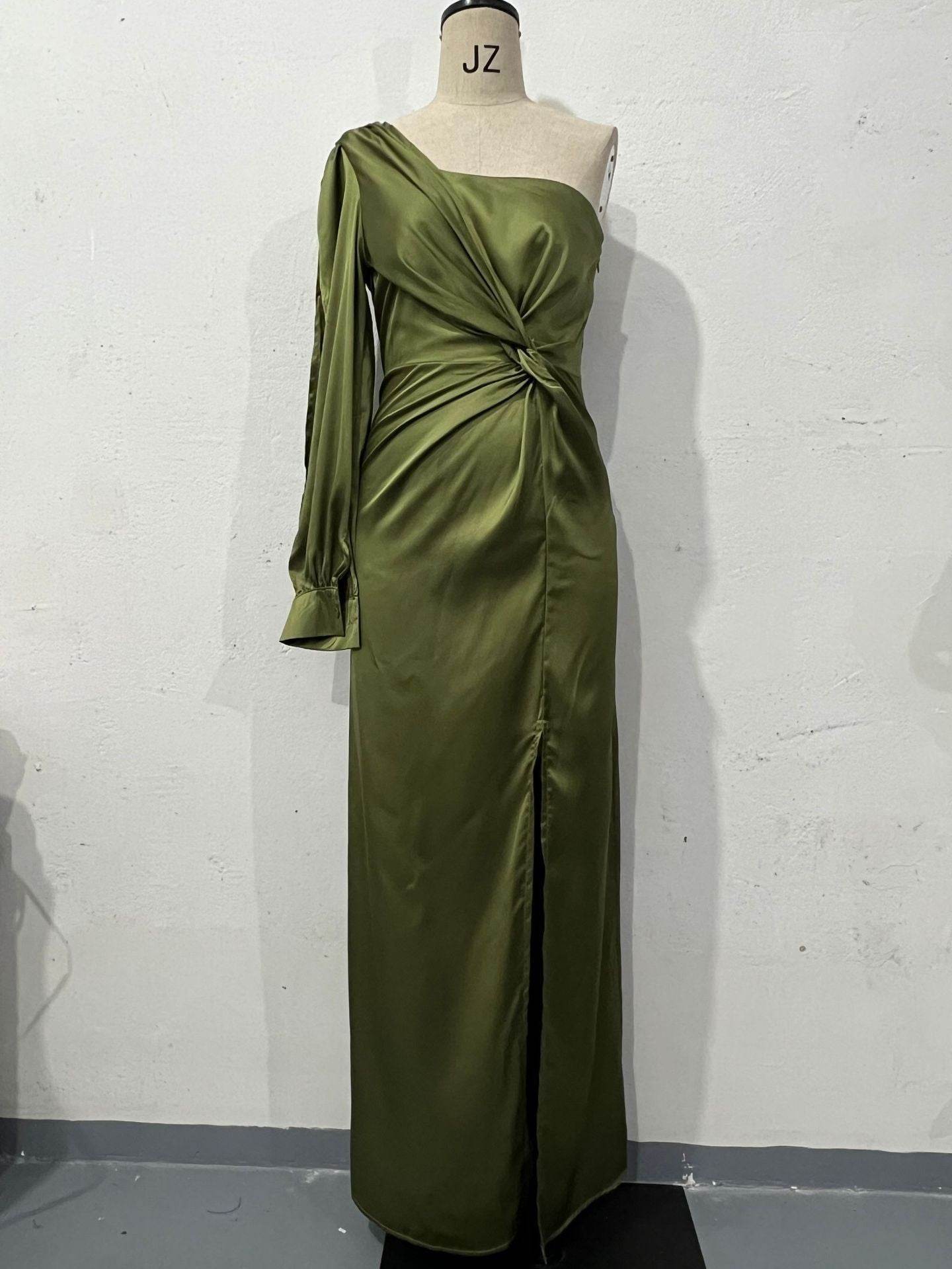 Women's One-shoulder Split Dress Ins Fashion Long-sleeved Slim Long Dresses Party Evening Clothing - Velora