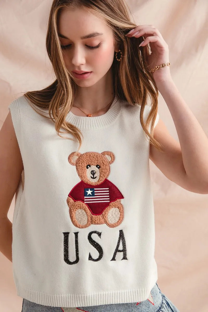 SO ME Teddy Bear Wearing An American Flag With Usa Embroidered Sweater Vest - Velora