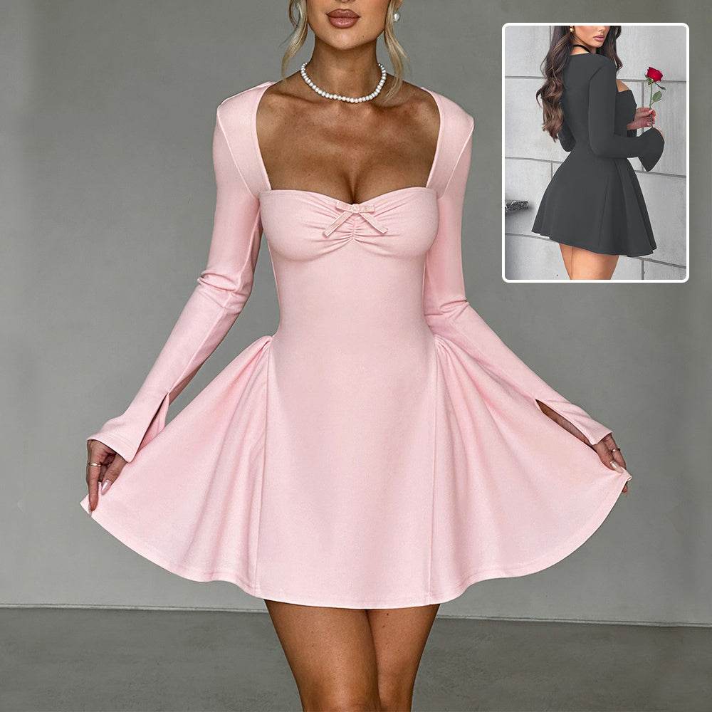 Commute Low-neck Long-sleeved Dress Y2K Fashion Slim A-line Short Dressed Party Evening Clothing For Women - Velora
