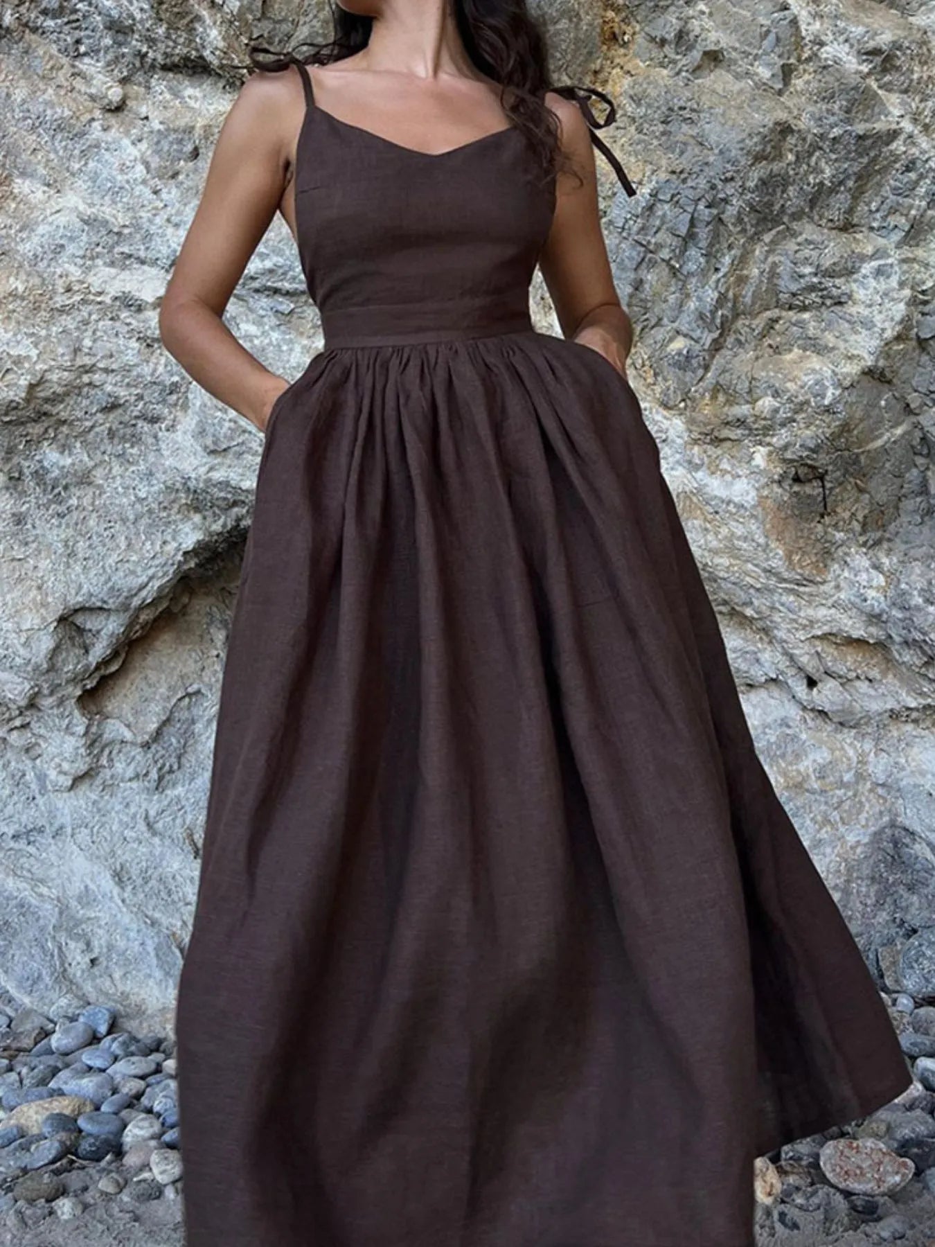 V-Neck Tie Shoulder Maxi Dress - Velora