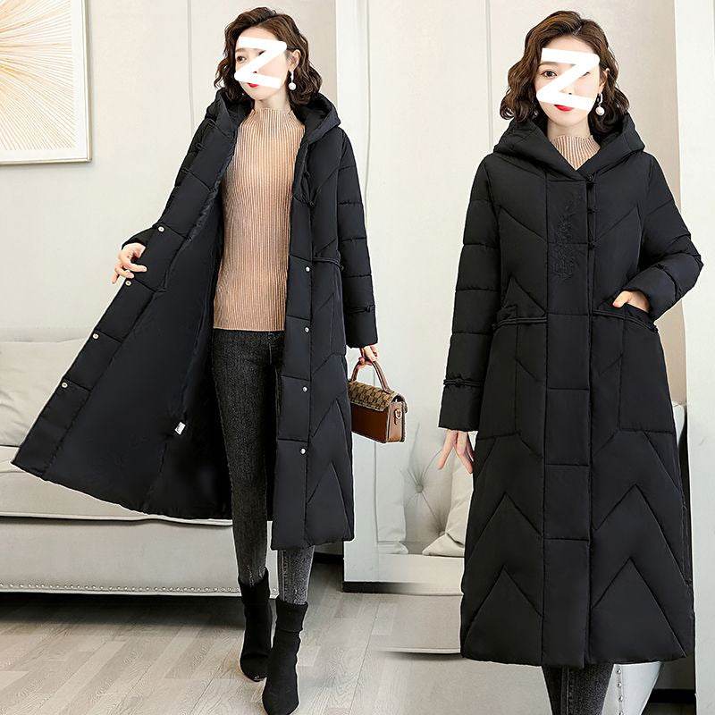 Plus Size Overknee Long Warm Hooded Cotton Jacket - Velora