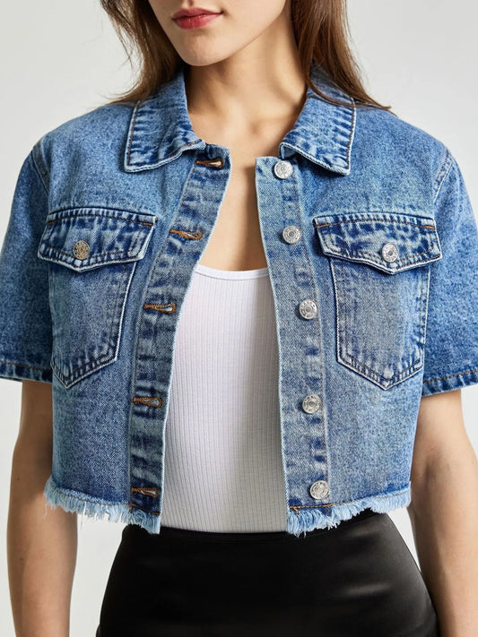 Cropped Short Sleeve Denim Jacket with Frayed Hem - Velora