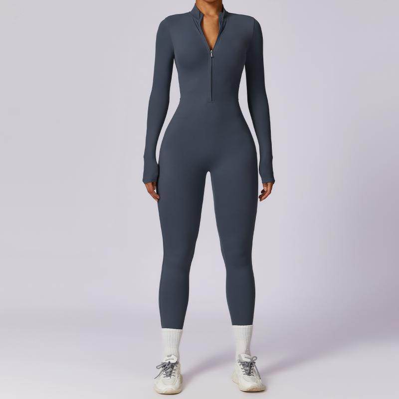 Zipper Long Sleeve Jumpsuit Yoga Fitness Training Pants Tight Hip Seamless Sports Jumpsuit For Women Clothing - Velora