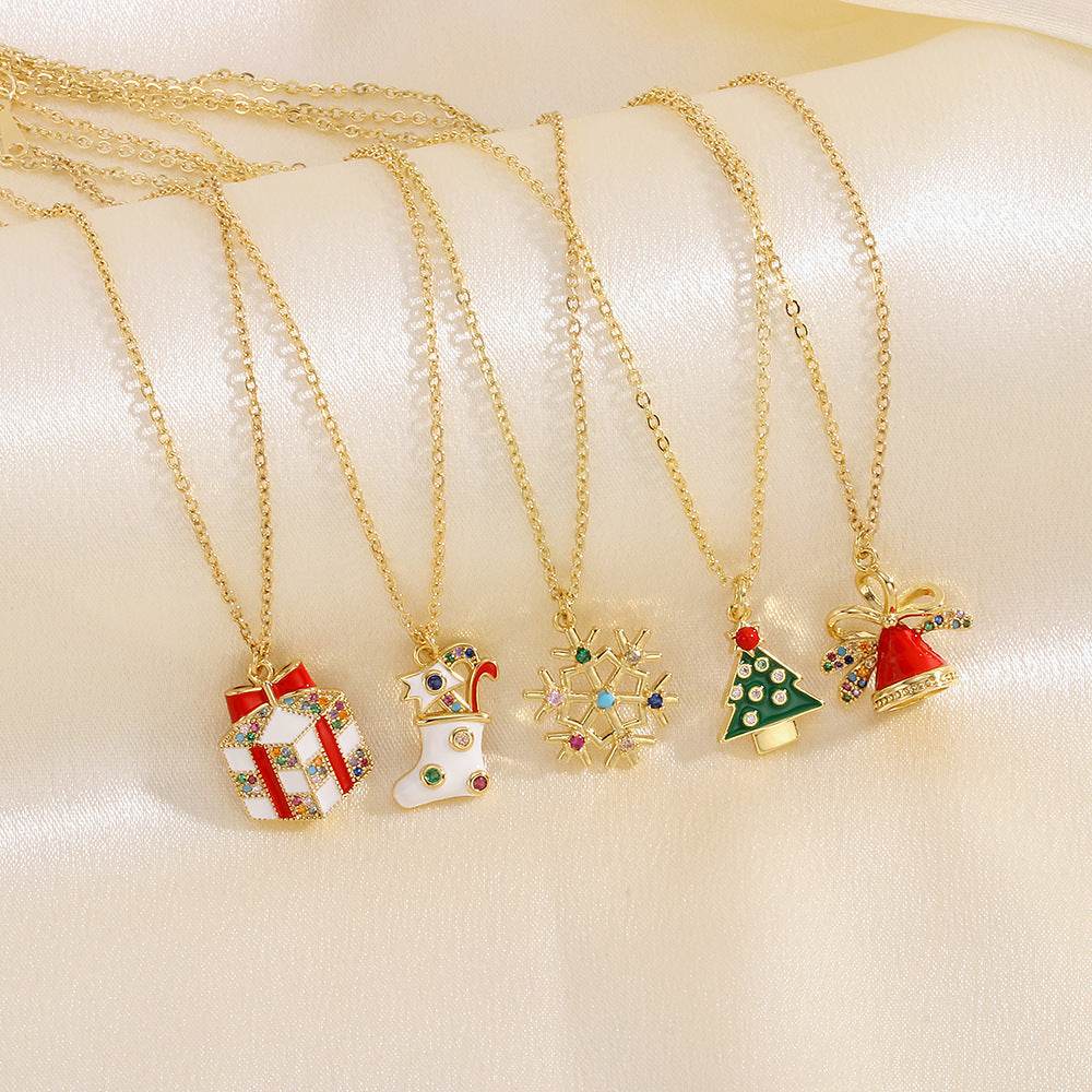 Christmas Tree Santa Claus Elk Snowman Oil-drop Necklace With Colored Rhinestones Ins Festival Clavicle Chain Necklace For Women Jewelry - Velora
