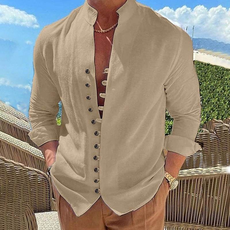 Retro Button Design Long-sleeved Shirt Men's Casual Loose Top Mens Clothing - Velora