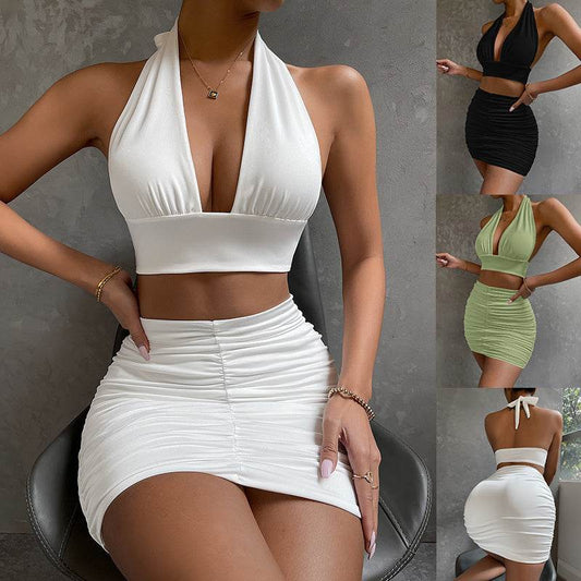 2pcs Dress Suits For Women Halter Lace-up Hip Top And Pleated Hip-covering Skirt - Velora