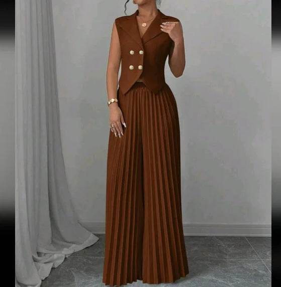 Summer Sleeveless Suit Fashion Lapel Button Vest Top And Pleated Straight Pants Women's Trousers Set Clothing - Velora