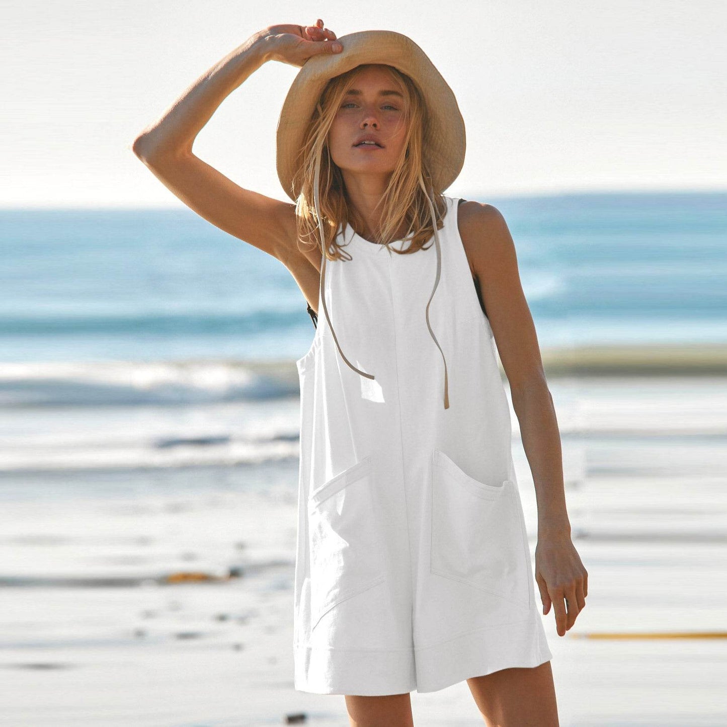 Solid Color Loose Jumpsuit With Pockets Fashion Summer Straight Cargo Shorts Overall Pants Beach Womens Clothing - Velora
