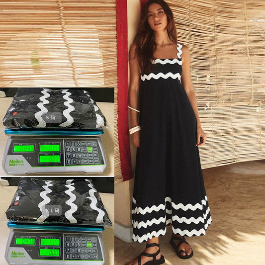 Flowers Print Wavy Pattern Suspender Long Dress For Women Fashion A-Line Beach Dresses Womens Clothing - Velora