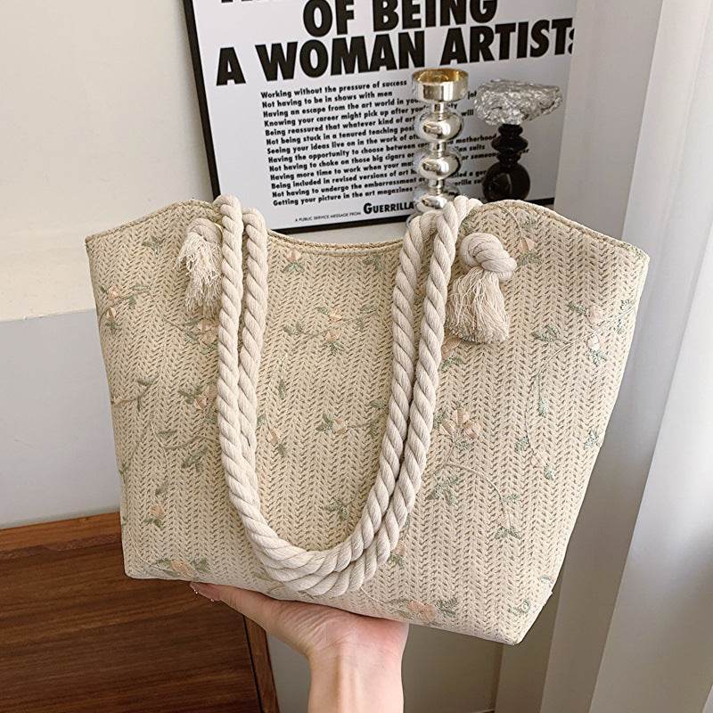New And Simple Straw Bag Lace Bag Ins Straw Shoulder Bag Large Capacity Flower Fashion Women Handbag - Velora